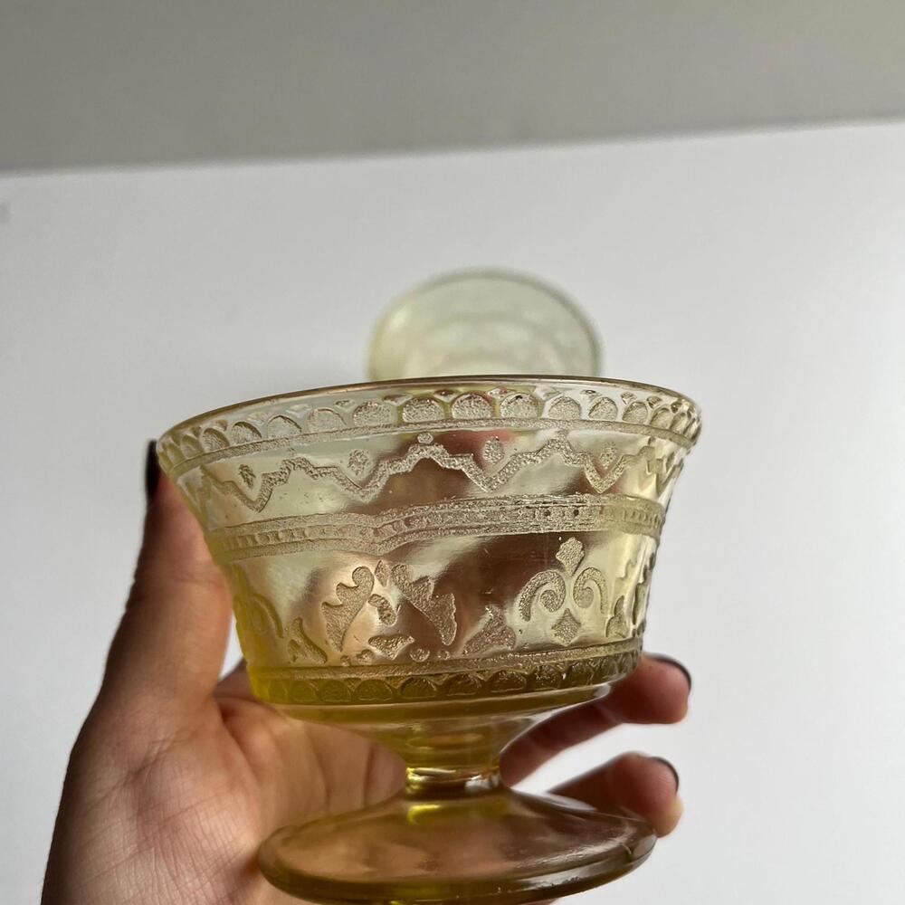 sold separately - Vintage Yellow Etched Glass Dessert Cups • 3” Pedestal Bowls